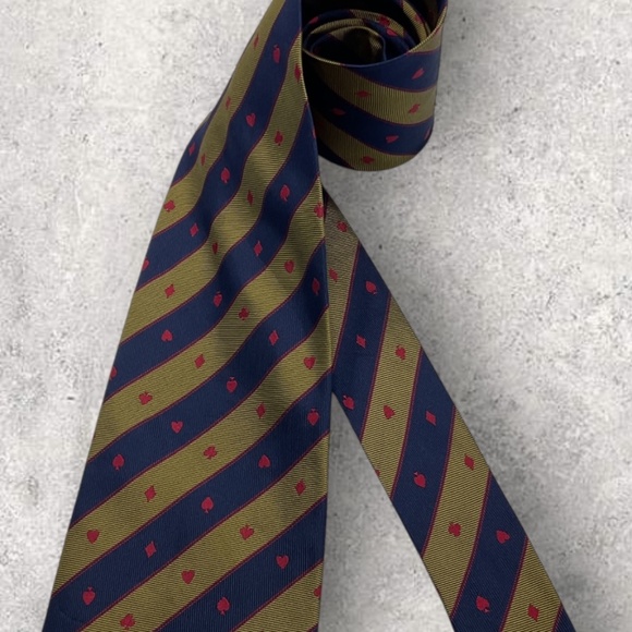 YVES SAINT LAURENT Navy/Gold Striped Card Game Colors Silk LUXURY Tie ITALY - Picture 5 of 5